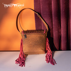 TR182-9181  Trinity Ranch Genuine Hair-On Cowhide Tooled Fringe Shoulder Bag-Hot Pink