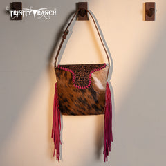 TR182-9181  Trinity Ranch Genuine Hair-On Cowhide Tooled Fringe Shoulder Bag-Hot Pink