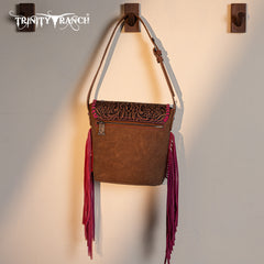 TR182-9181  Trinity Ranch Genuine Hair-On Cowhide Tooled Fringe Shoulder Bag-Hot Pink