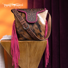 TR182-9181  Trinity Ranch Genuine Hair-On Cowhide Tooled Fringe Shoulder Bag-Hot Pink