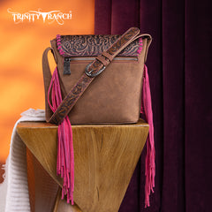 TR182-9181  Trinity Ranch Genuine Hair-On Cowhide Tooled Fringe Shoulder Bag-Hot Pink