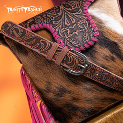 TR182-9181  Trinity Ranch Genuine Hair-On Cowhide Tooled Fringe Shoulder Bag-Hot Pink