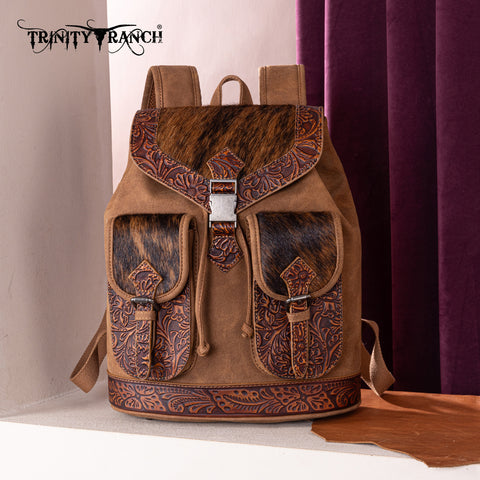 TR185-9110   Trinity Ranch Genuine Hair-On Cowhide Tooled Backpack - Brown