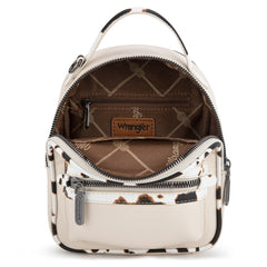 WG102-8600  Wrangler Cow Print  Trimmed Mini Backpack With Coin Pouch - Tan