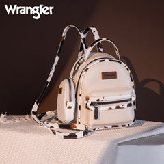 WG102-8600  Wrangler Cow Print  Trimmed Mini Backpack With Coin Pouch - Tan