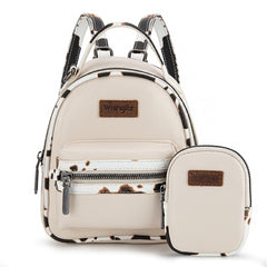 WG102-8600  Wrangler Cow Print  Trimmed Mini Backpack With Coin Pouch - Tan