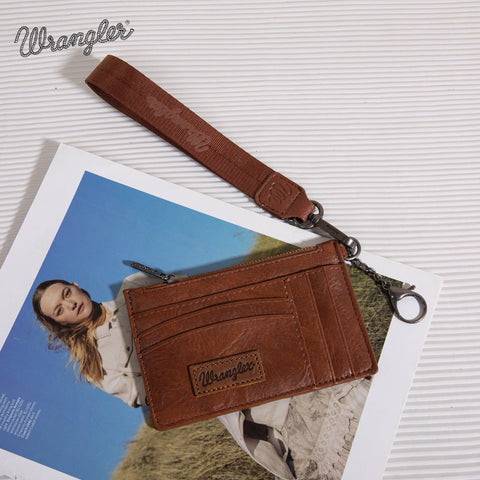 WG137-W009  Wrangler  Solid Color Key Chain Wristlet Card Wallet -Brown