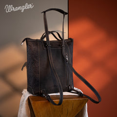 WG169-9112 Wrangler Genuine Hair-On Cowhide Floral Tooled Convertible Backpack/Crossbody - Black)