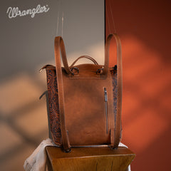 WG169-9112 Wrangler Genuine Hair-On Cowhide Floral Tooled Convertible Backpack/Crossbody - Brown)