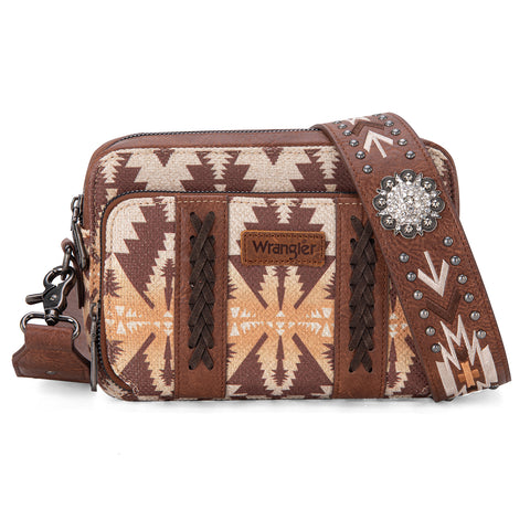 WG2207-3003  Wrangler Aztec Printed Crossbody Purse With Wallet Compartment - Light Coffee