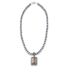 NK070112-06 Silver Beads With Natural Stone Rectangle Shape Pendant Necklace