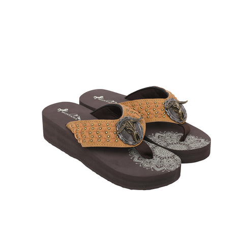 SE125-S191 Mandala Bull Skull Concho Studded Wedge Western Flip-Flop B –  MONTANA WEST U.S.A