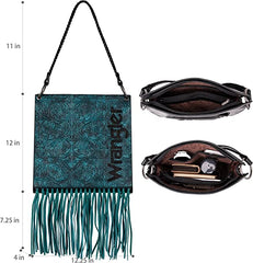 WG45G-918 Wrangler Floral Embossed Fringe Concealed Carry Hobo/Crossbody - Turquoise